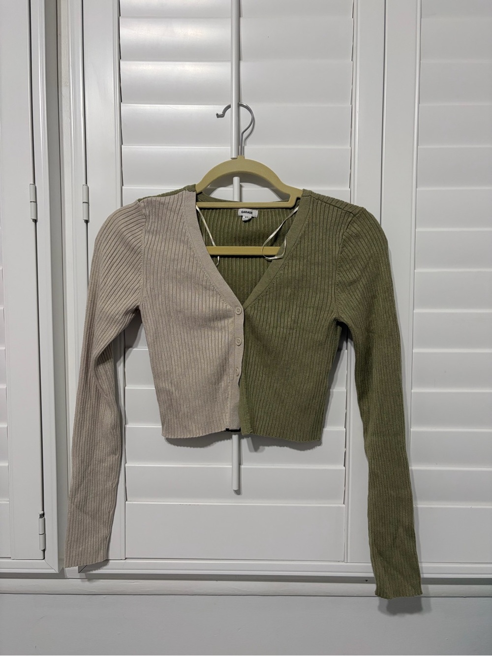 Garage Two-Tone Ribbed Button Cardigan - Beige & Olive